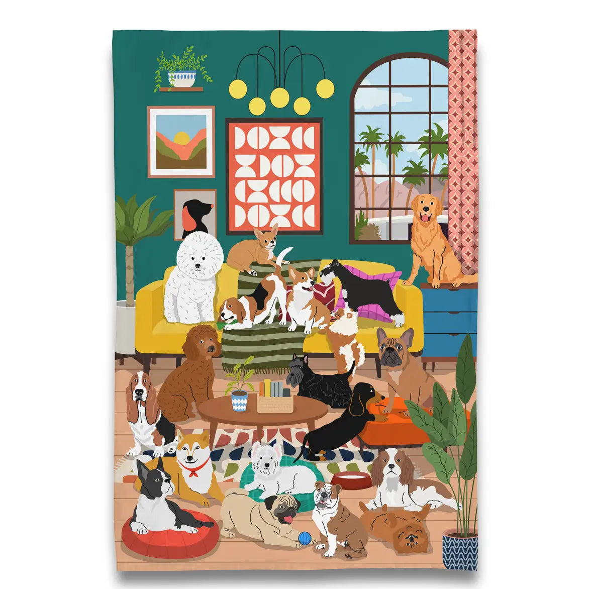Dog Lover: Mid-Century Modern House of Puppy Dogs Tea Towel