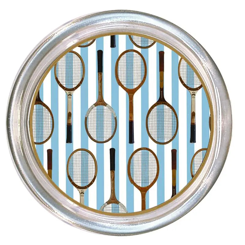 Antique Tennis Racket 5" Glass Coaster - Blue Stripes