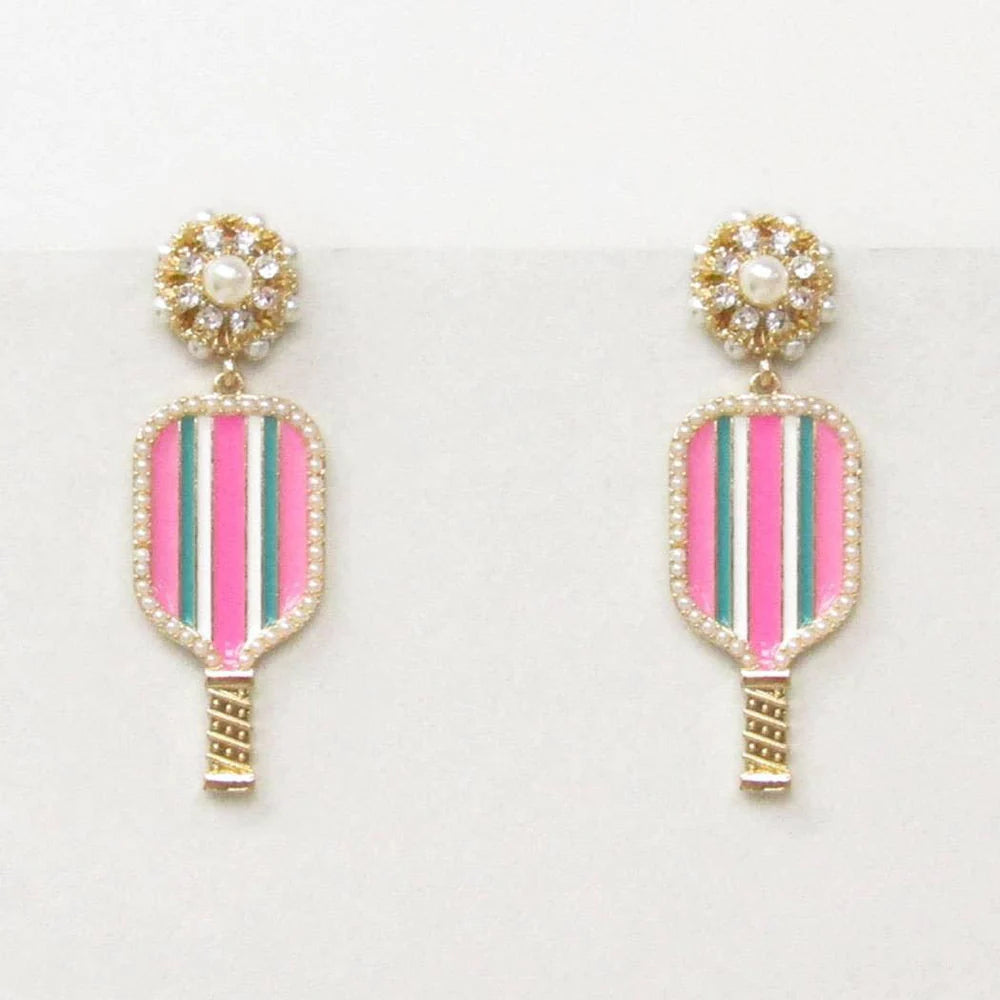 Pink Pickleball Enamel Crystal Drop Stud Earrings