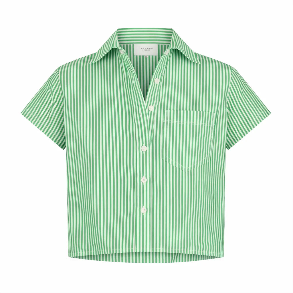 The Boxy Short Sleeve Cropped Shirt - Green/White Sripe