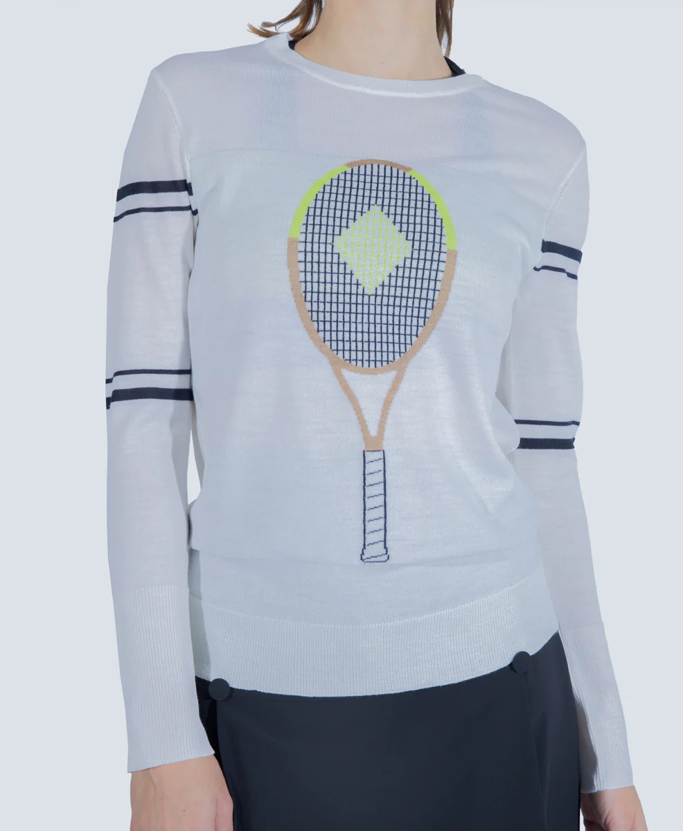 The Racquet Sweater in White with Navy Stripes