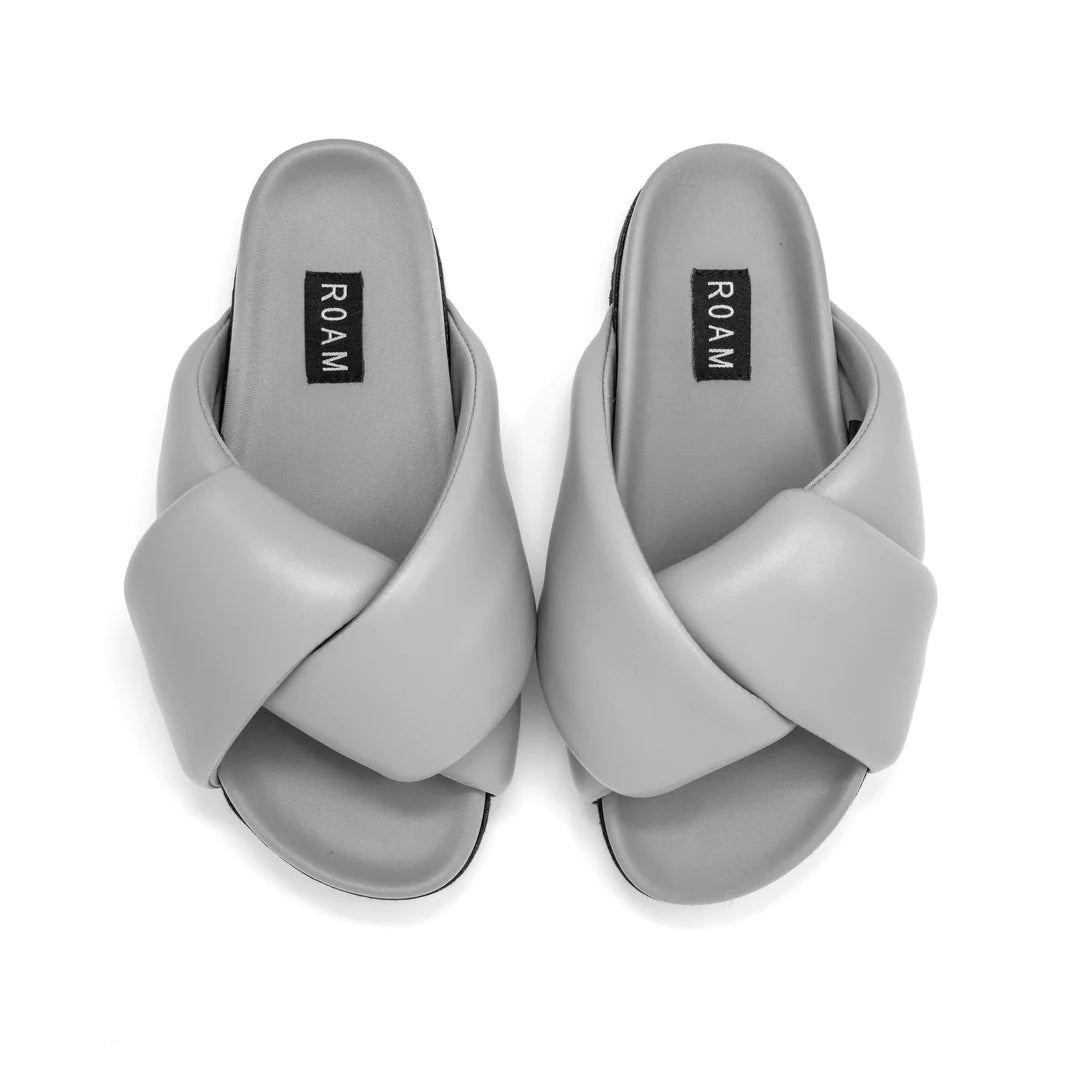 ROAM X THE GRATEFUL GARDENIA FOLDY PUFFY SANDALS GREY VEGAN LEATHER