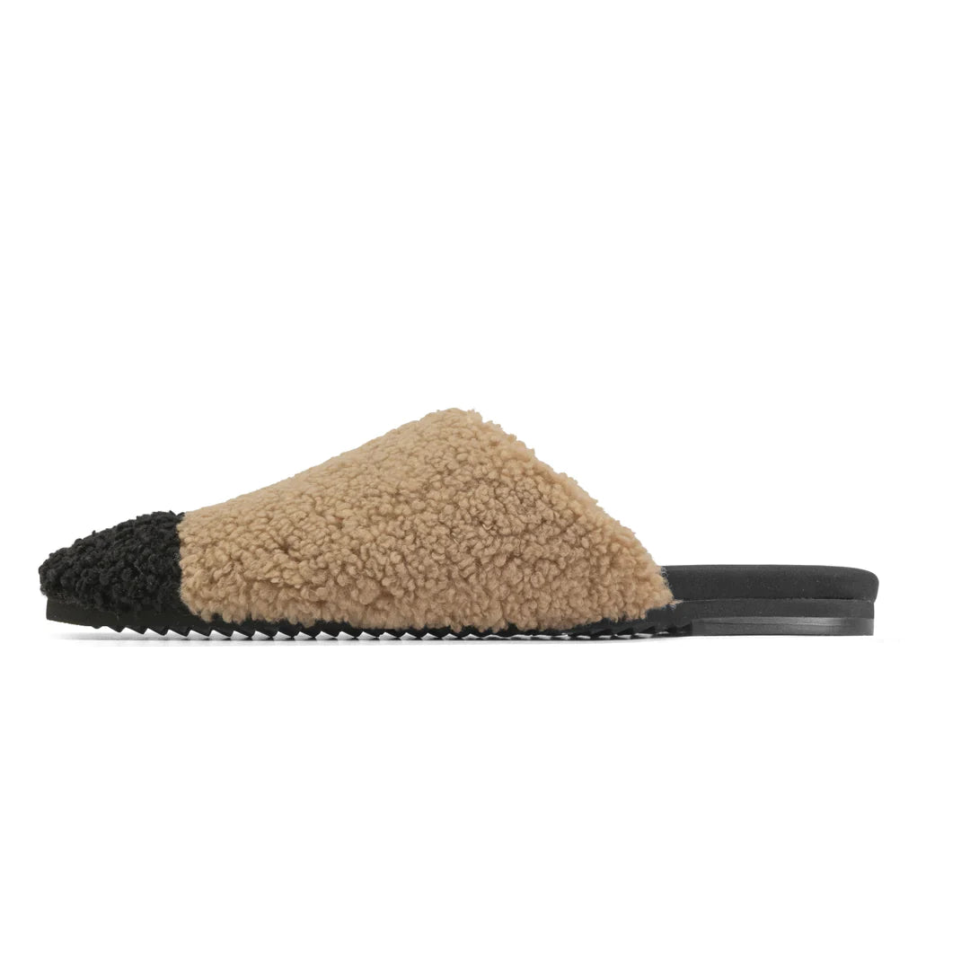 FUZZY CAP MULE (THIN SOLE) WITH FAUX SHEARLING - BLACK & TAN