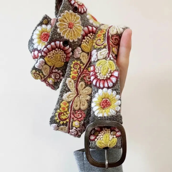 Heather Gray Floral Embroidered Wool Belt