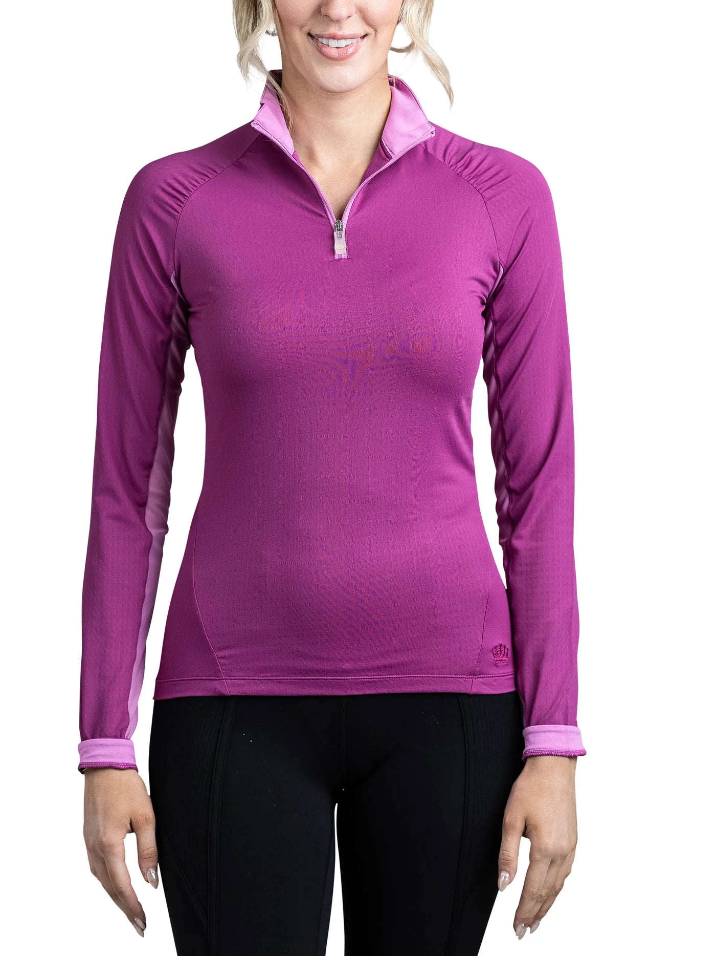 FUCHSIA SHIRRED SHOULDER LONG SLEEVE 1/4 ZIP