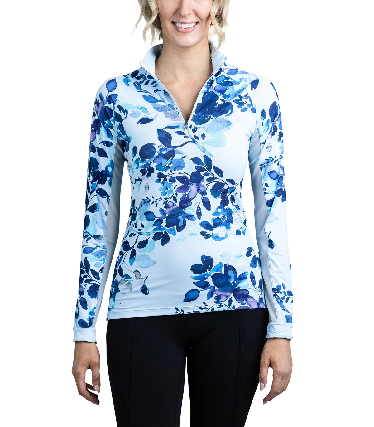 Long Sleeve Blue Watercolor Floral 1/4 Zip