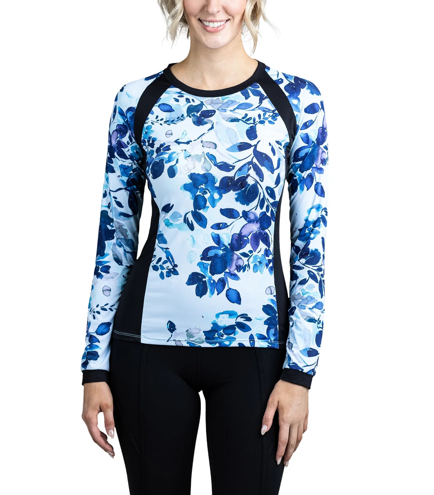 Long Sleeve Blue Watercolor Floral Crewneck