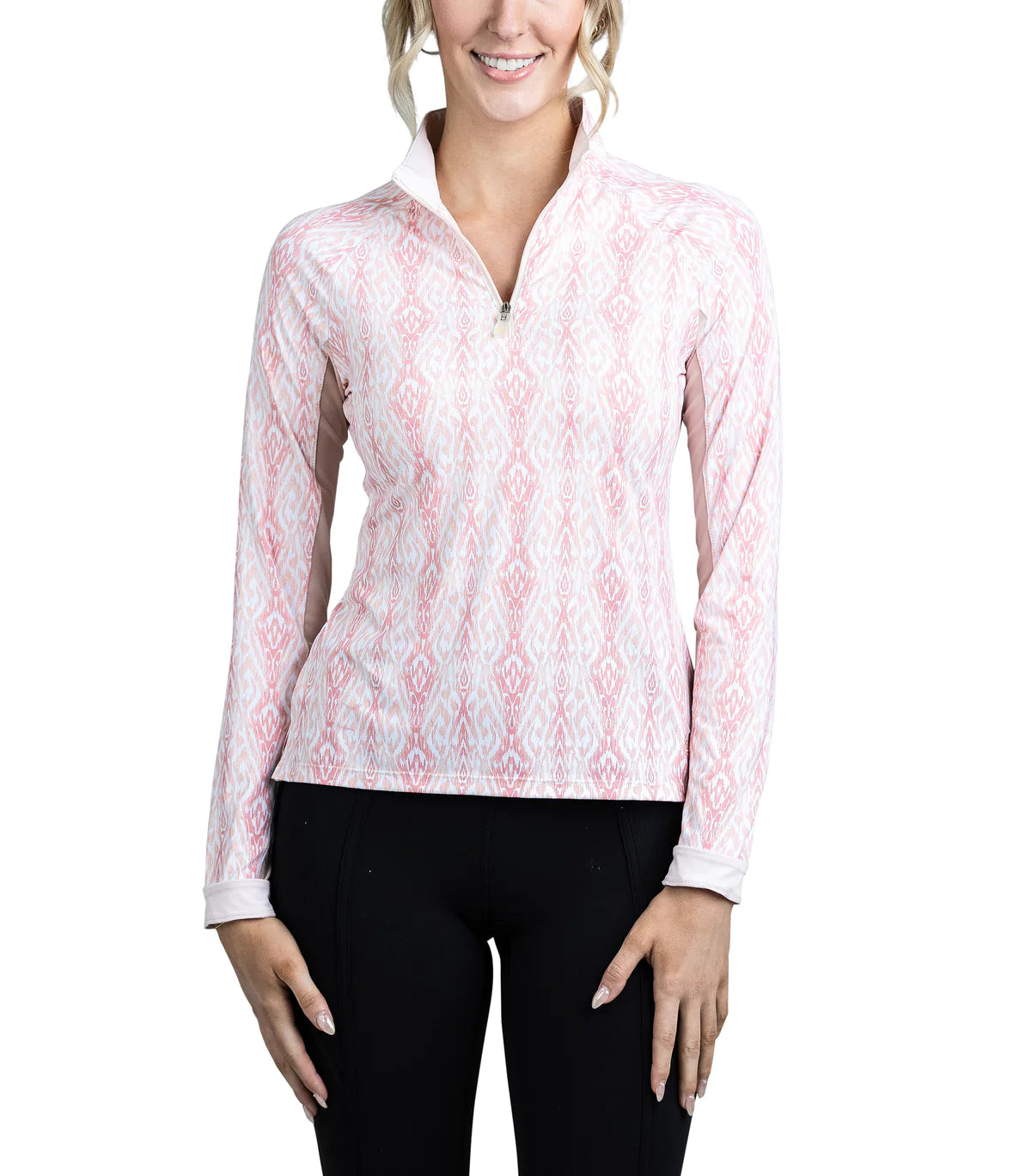 Long Sleeve Coral Ikat All Over Print 1/4 Zip