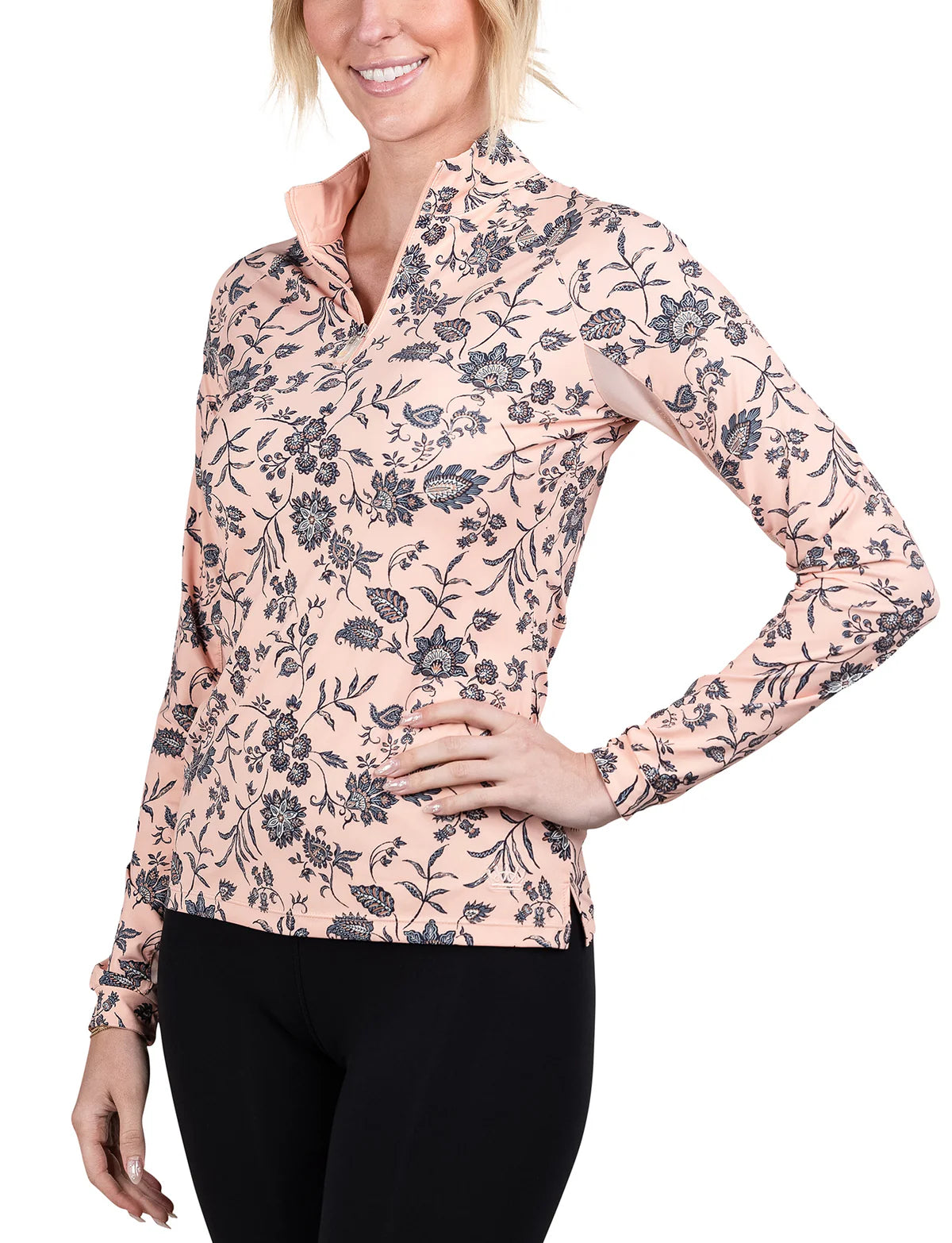 1/4 Zip Long Sleeve - Jacobean Peach Floral