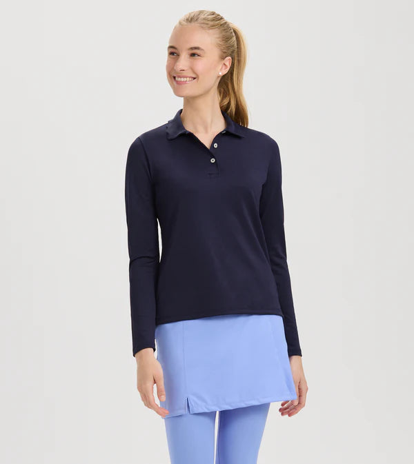 Scallop Collar Long Sleeve Polo - Navy