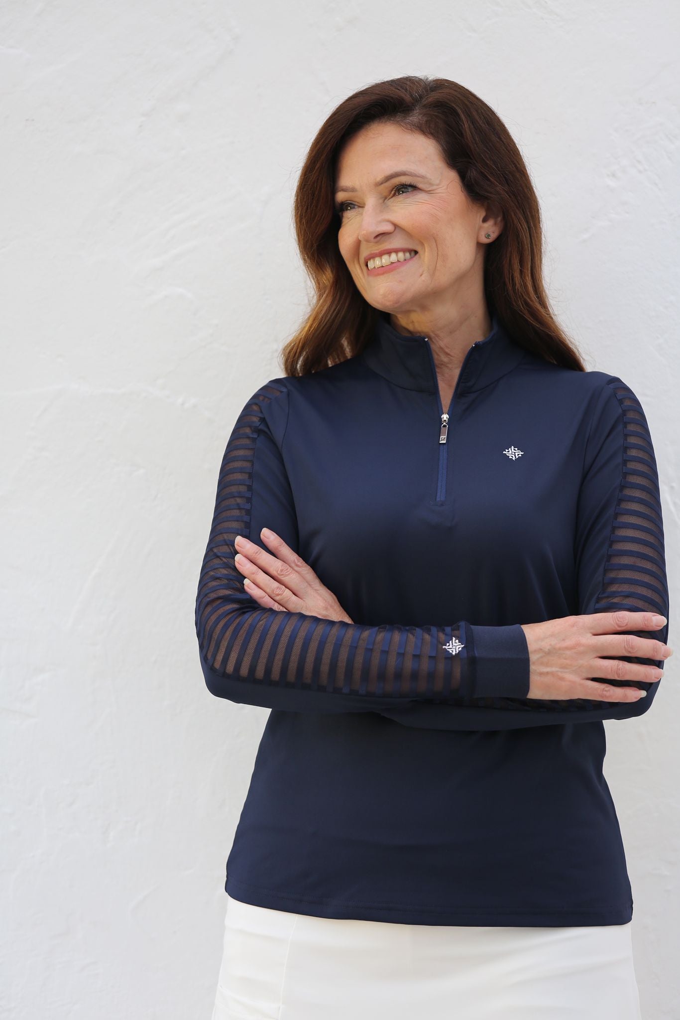 Navy - Women's Sheer Long Sleeve Golf Shirt (Ladder Design)