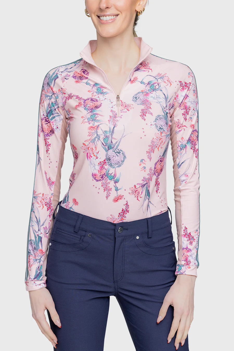 1/4 Zip Long Sleeve Shirt w/Striped Trim - Pink Tea Garden