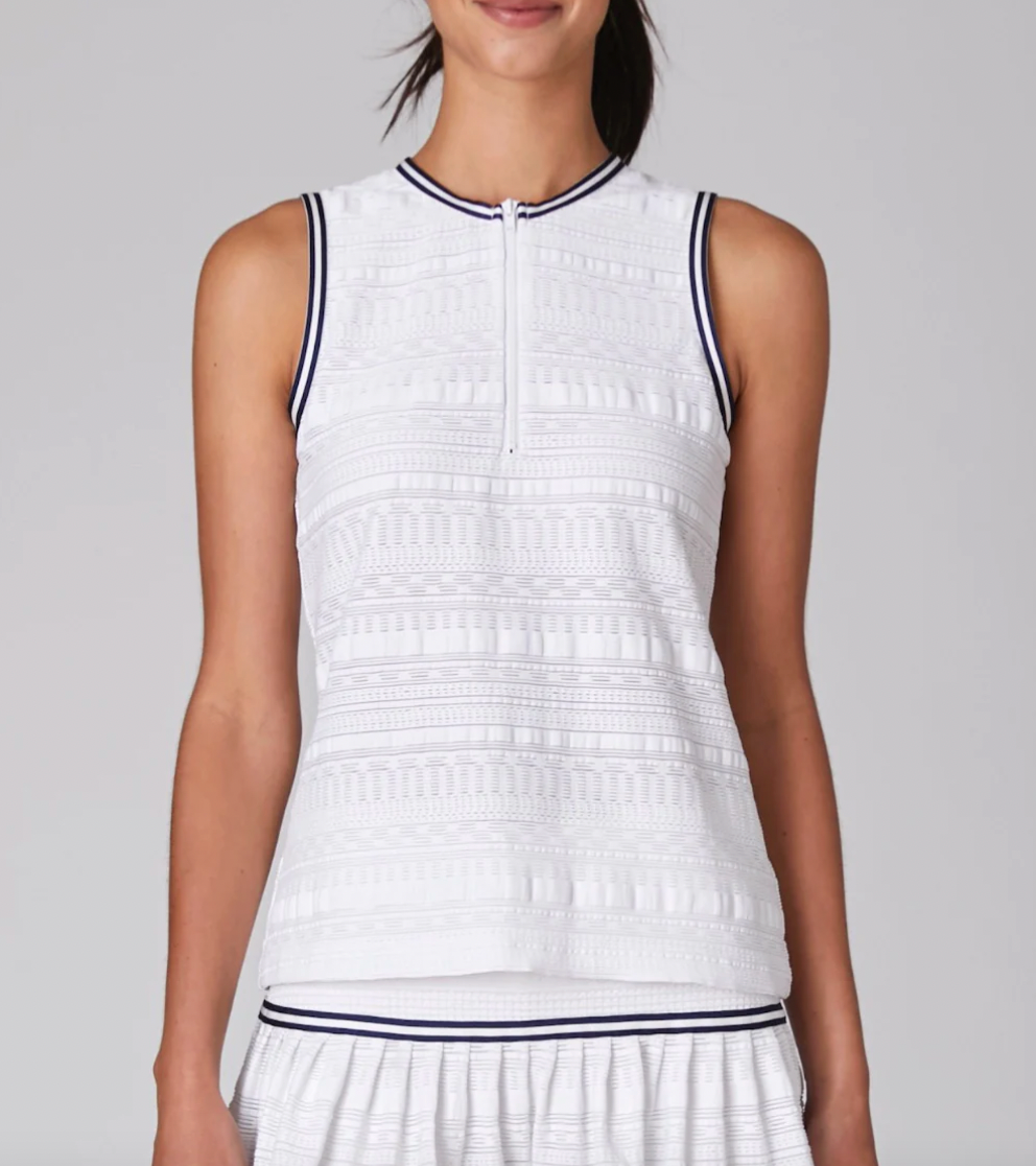 The Zip Front Tank in White with Navy Reflective Trim