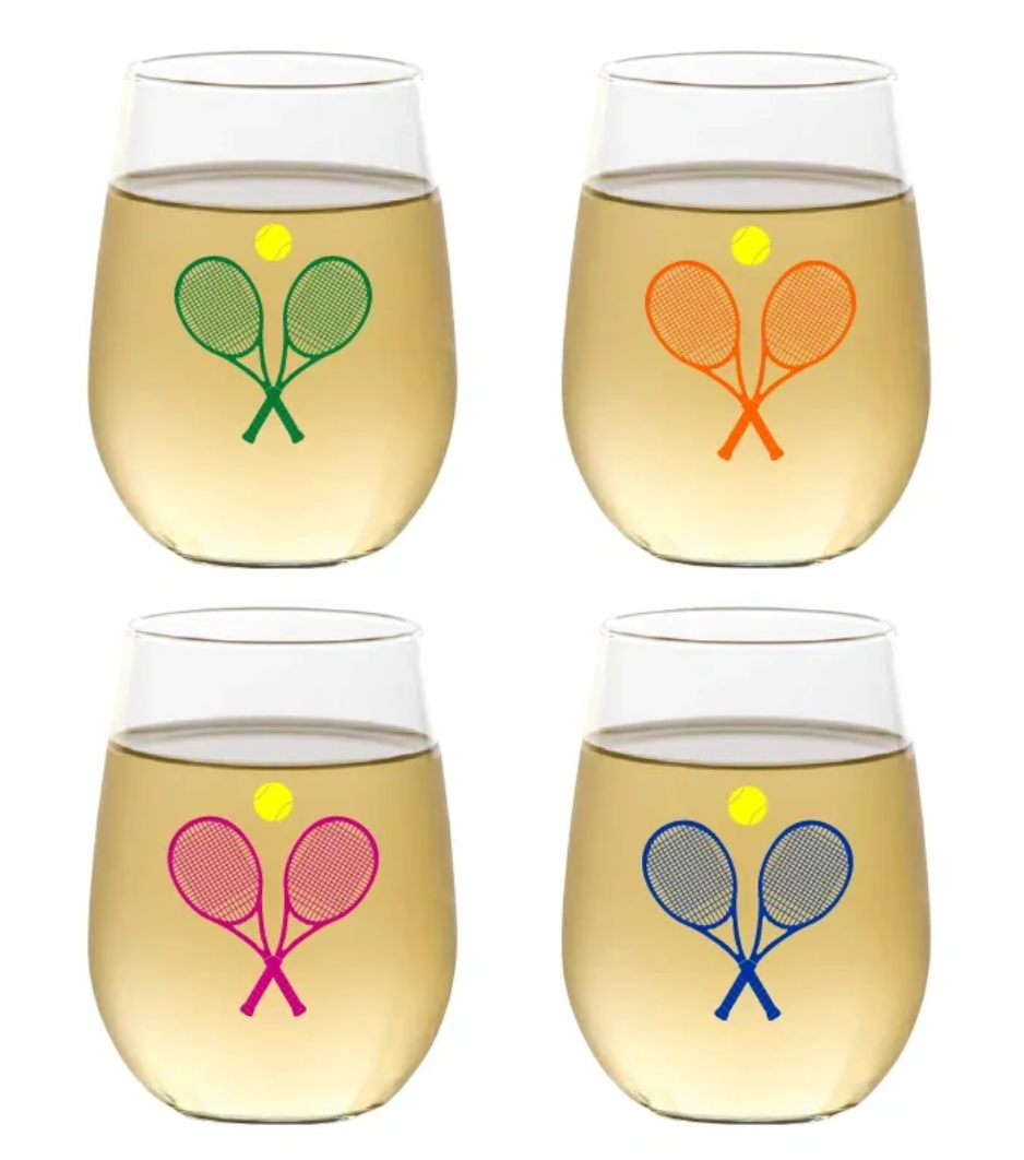 Tennis Themed Unbreakable Stemless Tritan Plastic Wine Glasses (Set of 4)