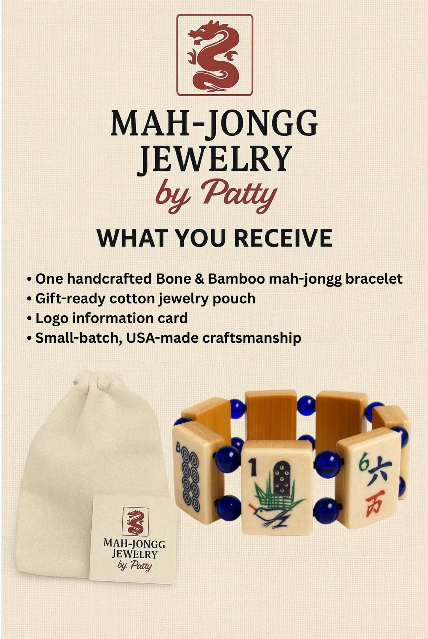 Vintage Handmade Bone & Bamboo Mahjong Bracelet