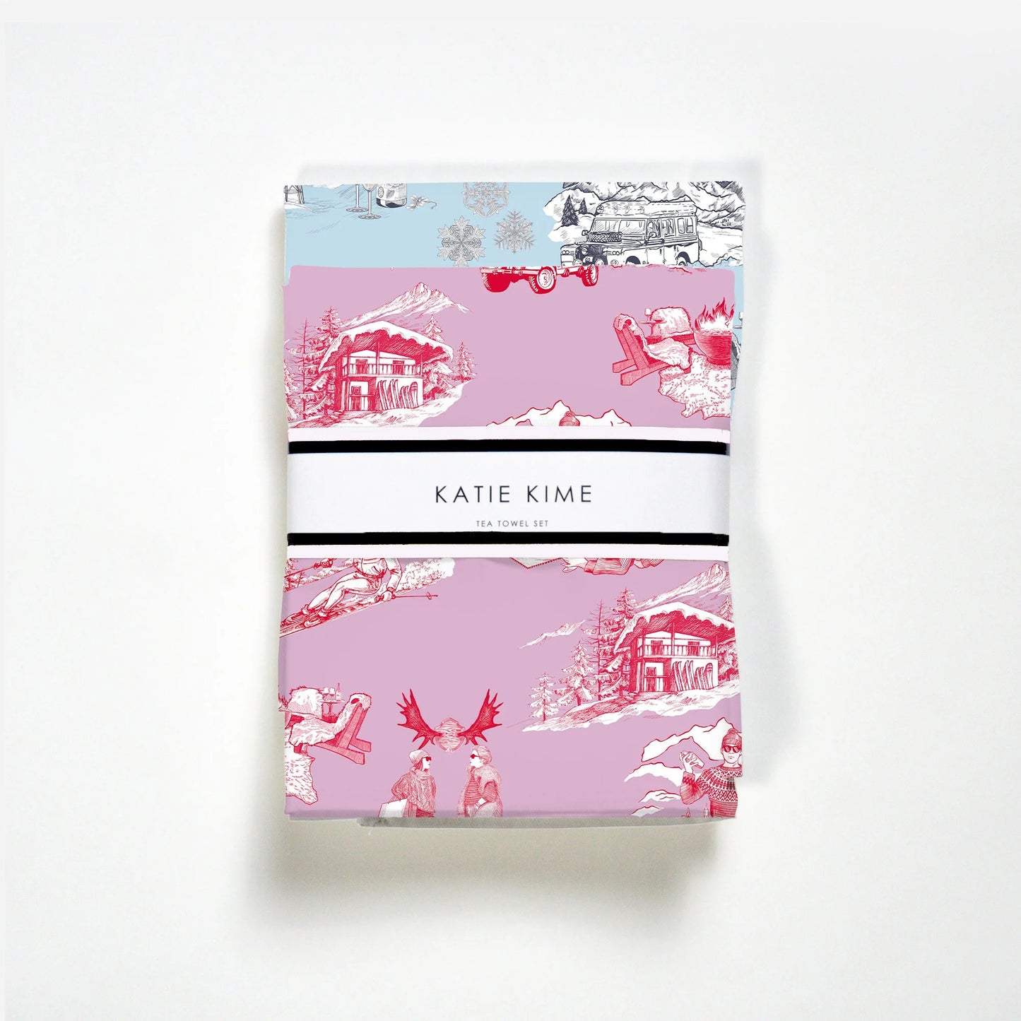 Aprés Ski Toile Tea Towel Set - Cranberry Light Blue