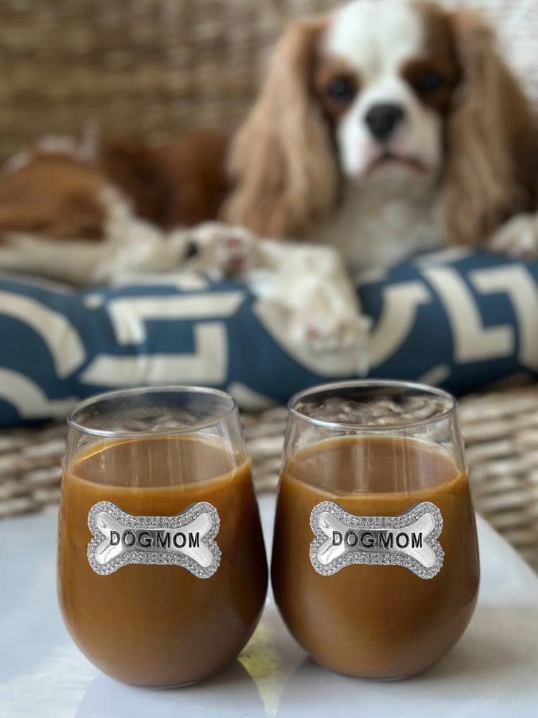 Jeweled Stemless Wine Glass- Dog Mom