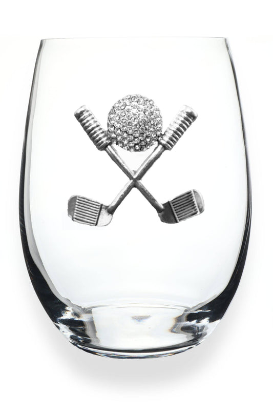Jeweled Stemless Wine Glass- Golf Clubs & Ball