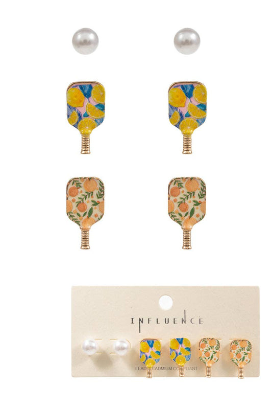 Pickleball Enamel Print 3 Set Post Earrings
