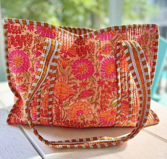 Rue Orange Floral Patterned Tote Bag