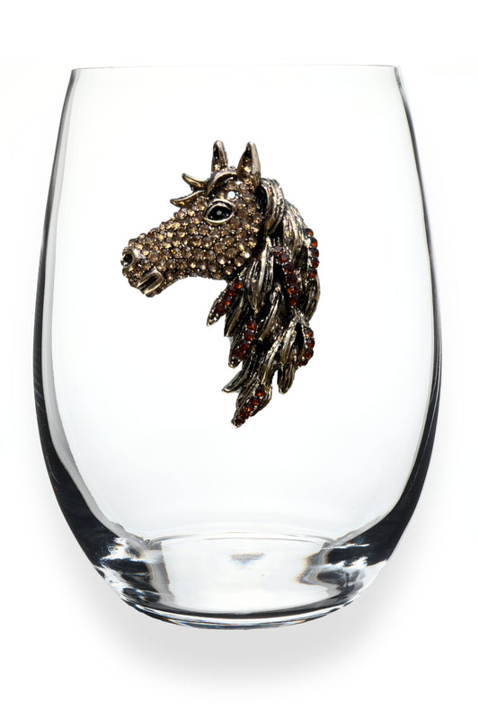 Jeweled Stemless Wine Glass- Brown / Gold Horse