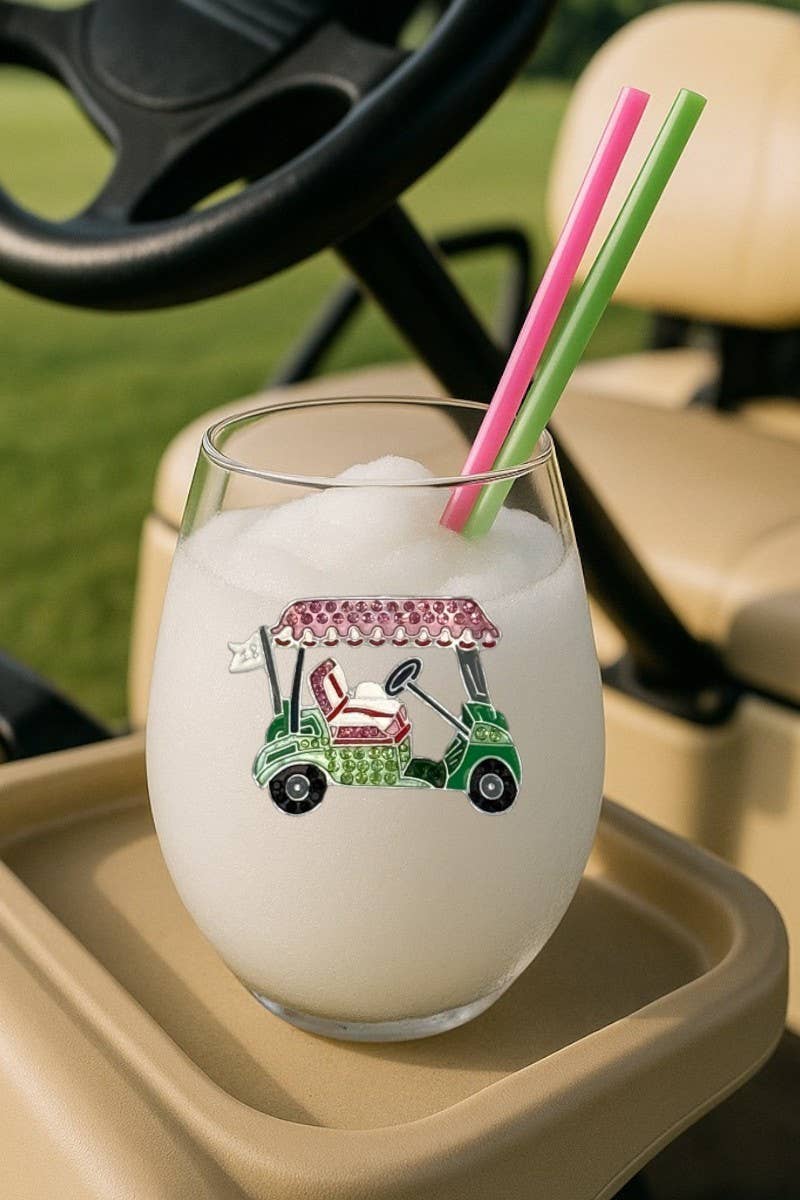 Jeweled Stemless Wine Glass- Cute Golf Cart