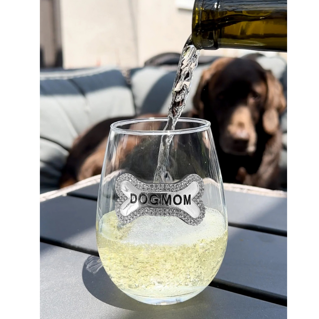 Jeweled Stemless Wine Glass- Dog Mom