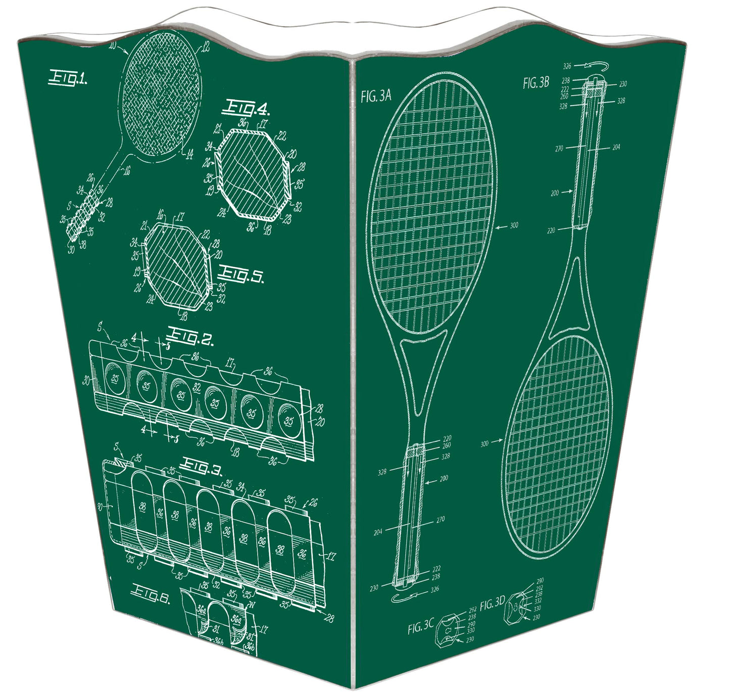 Marye-Kelley - Vintage Tennis Raquet Patents Wastepaper Basket Green: Flat Top