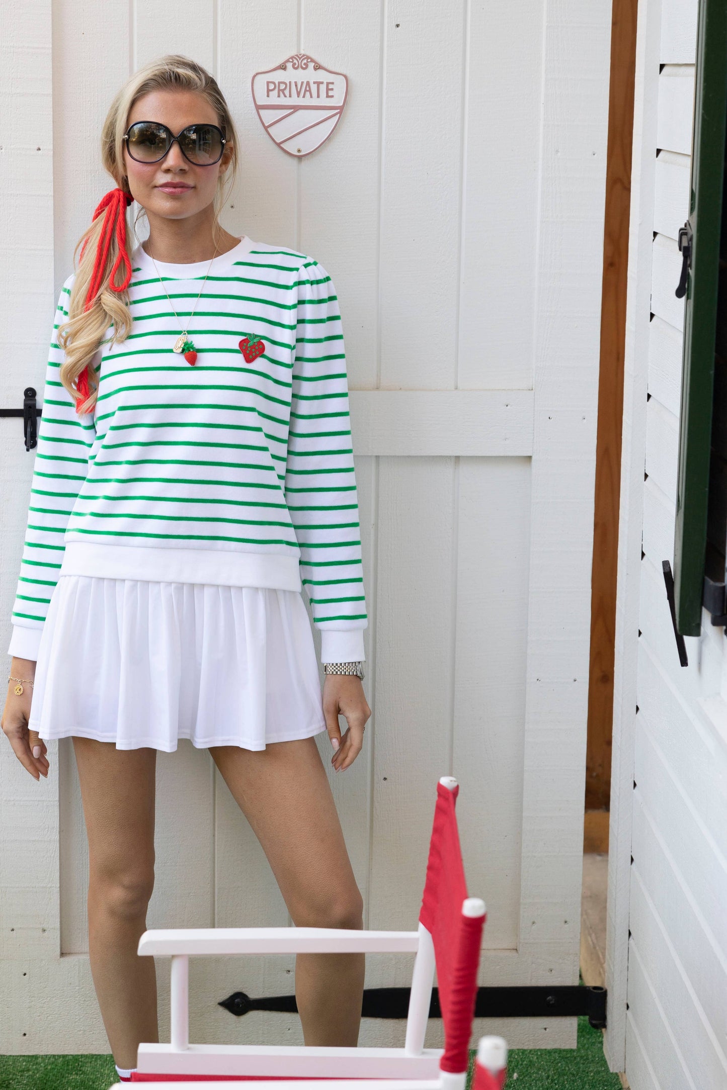 Club and Court - Poppy Top: Bright White with Kelly Green Stripe / XS