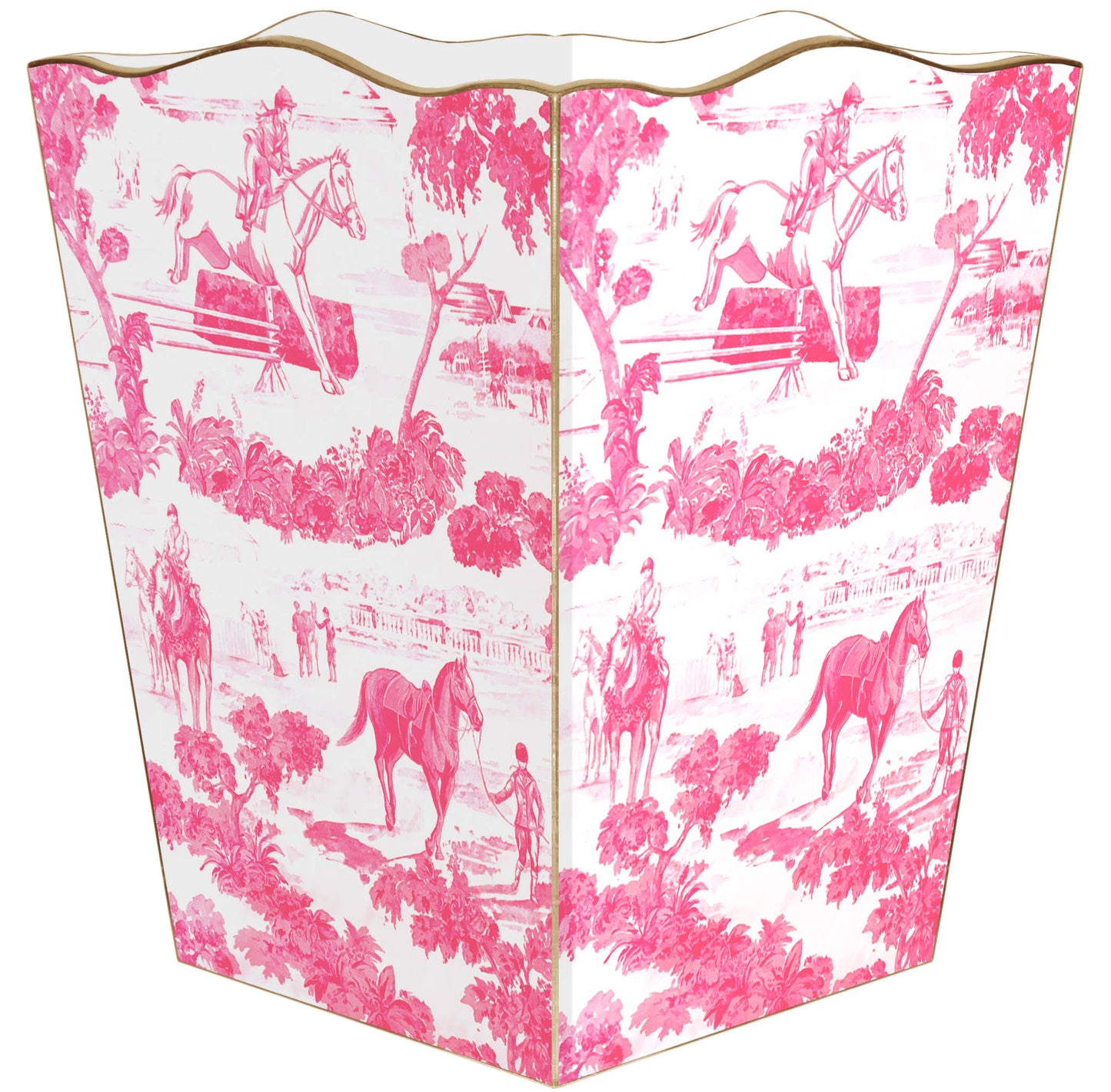 Marye-Kelley -Pink Equestrian Toile Wastepaper Basket: Scalloped Top