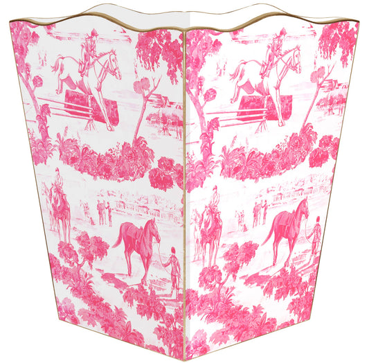 Marye-Kelley -Pink Equestrian Toile Wastepaper Basket: Scalloped Top