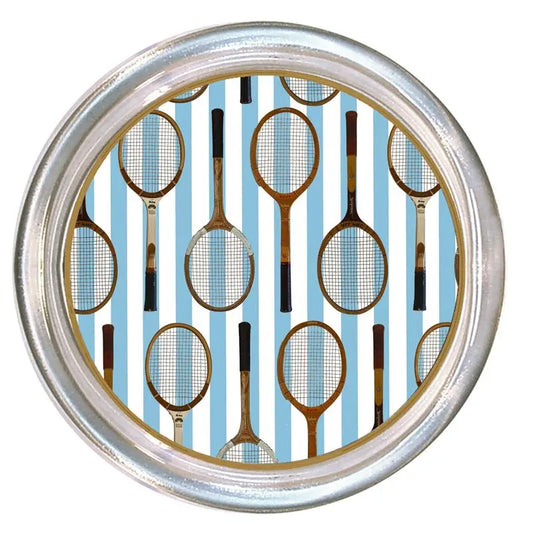 Antique Tennis Racket 5" Glass Coaster - Blue Stripes