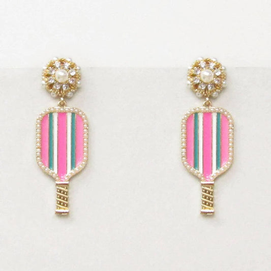 Pink Pickleball Enamel Crystal Drop Stud Earrings