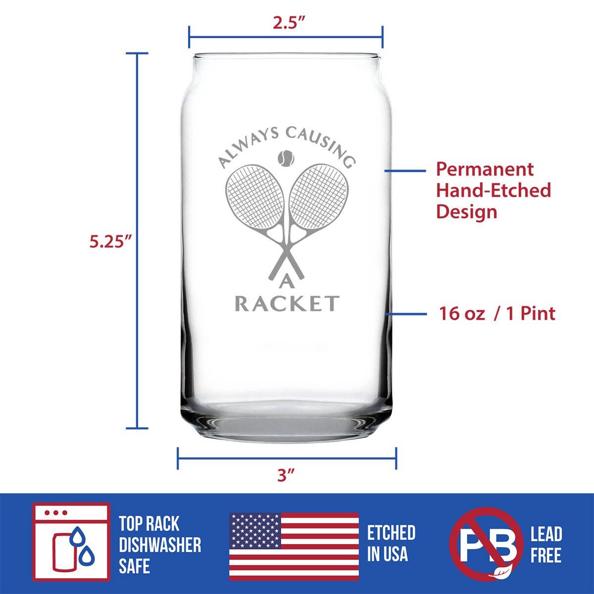 bevvee - Causing a Racket Beer Can Pint Glass - Tennis Gifts