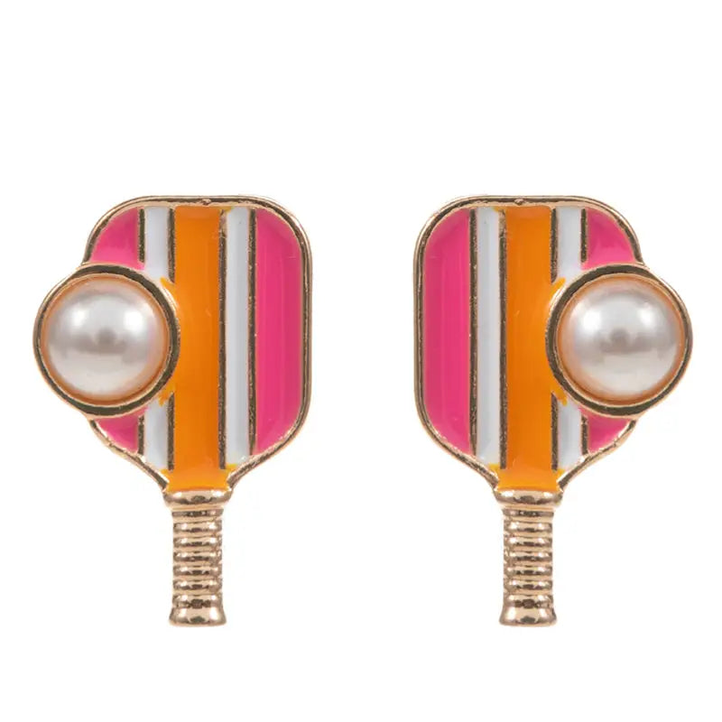 Hot Pink Sports Pickleball Enamel with Pearl Post Earrings