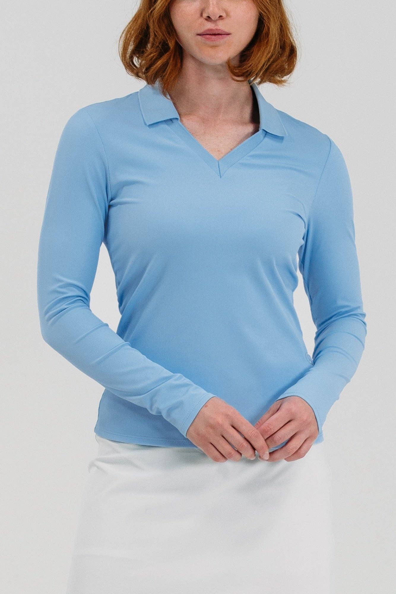 Foray Golf - Rib LS V-Neck Polo: Light Blue / S