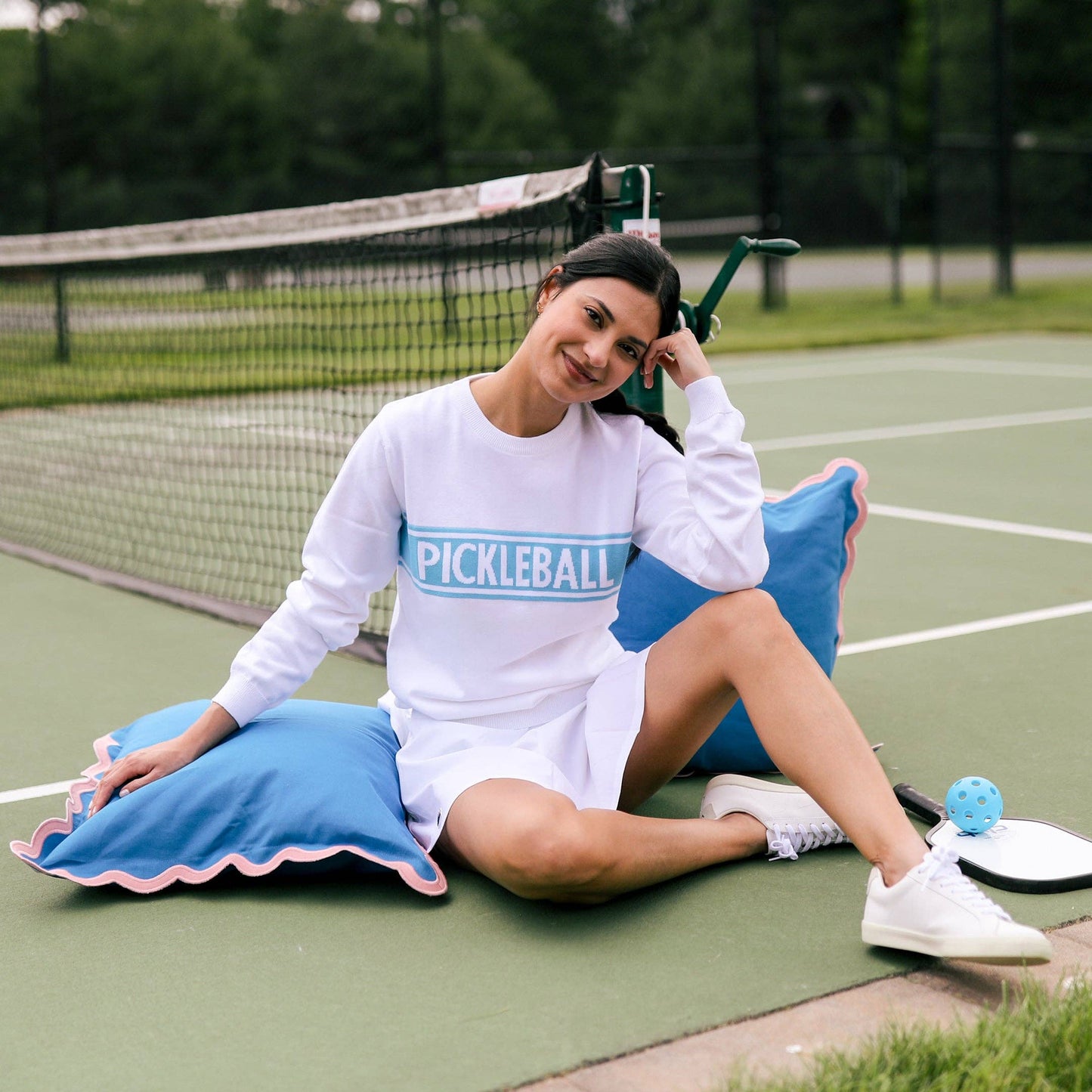 Ame & Lulu - Club Sport Sweater: White Light Blue Pickleball