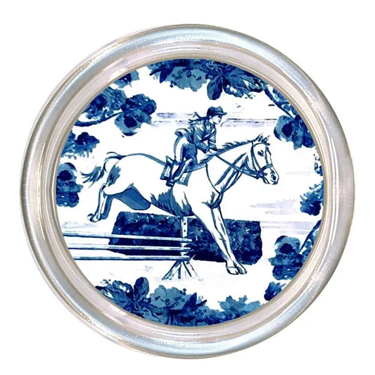 Equestrian Jumper 5" Glass Coaster -  Blue Toile