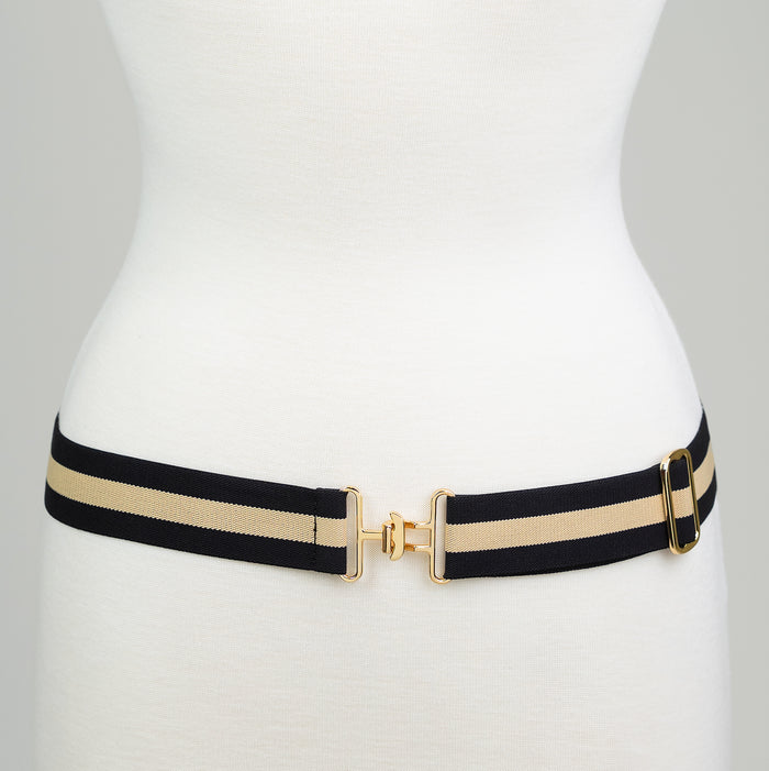 Striped Belt - Black and Beige with Gold Buckle