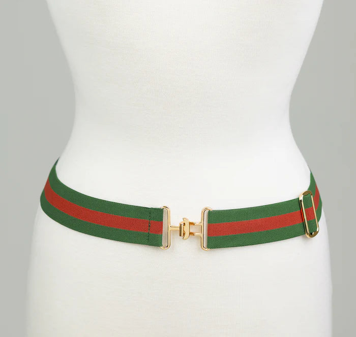 Striped Belt - Forest Green and Red with Gold Buckle