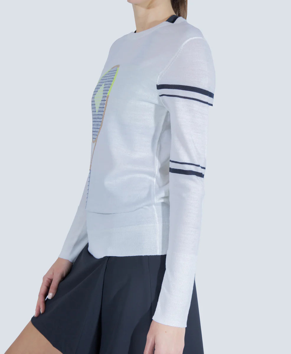 The Racquet Sweater in White with Navy Stripes