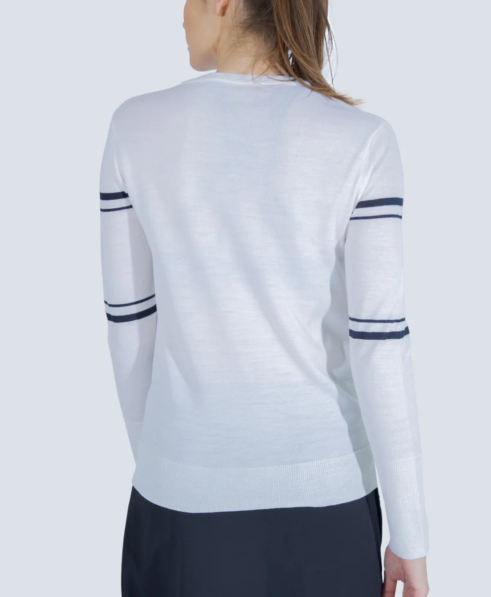 The Racquet Sweater in White with Navy Stripes