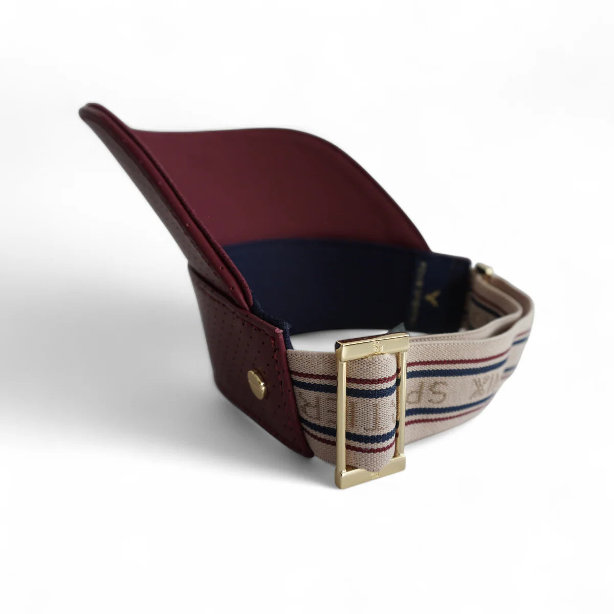 THE LEATHER VISOR - CRIMSON, VARSITY STRIPED ELASTIC & GOLD