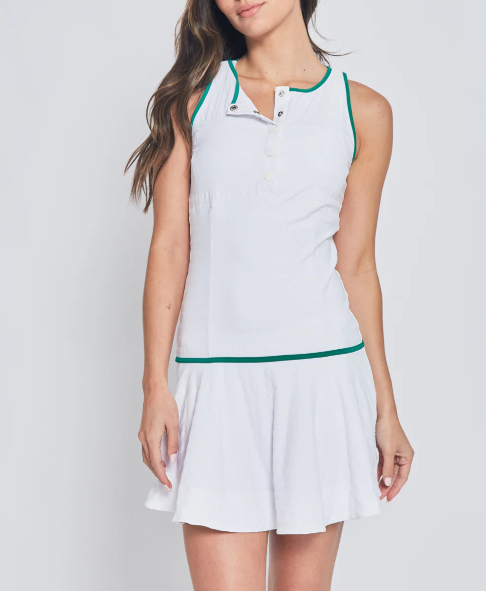 Dress with Front Buttons in White with Green Trim