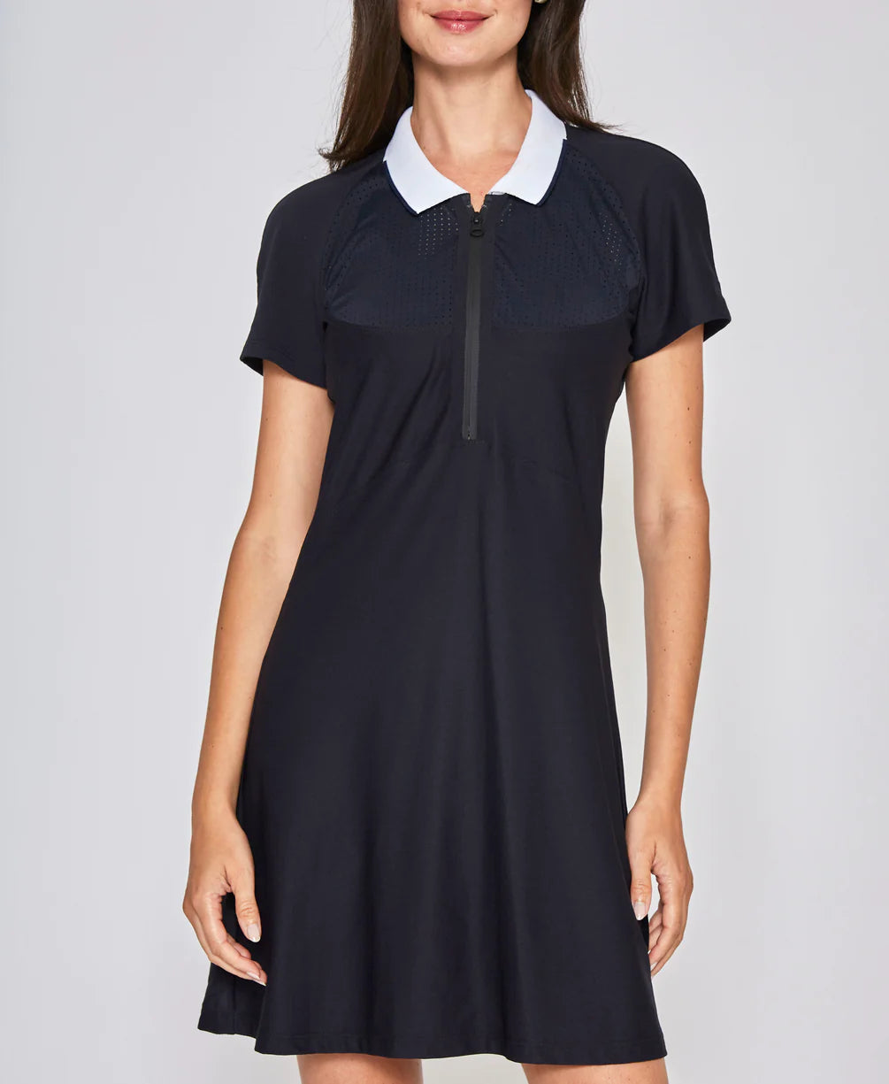 Mesh Zip Performance Dress in Navy with White Trim