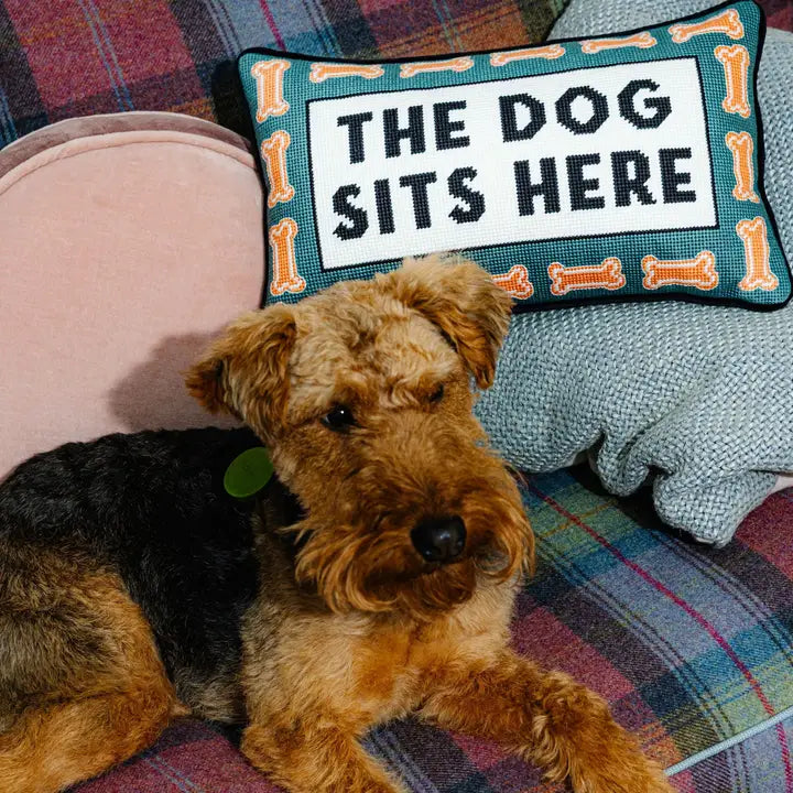 Dog Sits Here Needlepoint Pillow