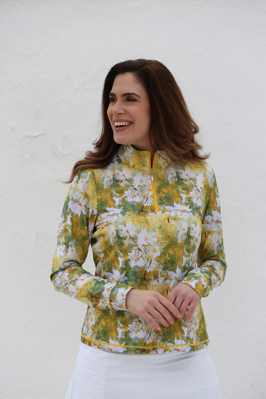 Long Sleeve Mock Collar Shirt - Daisies