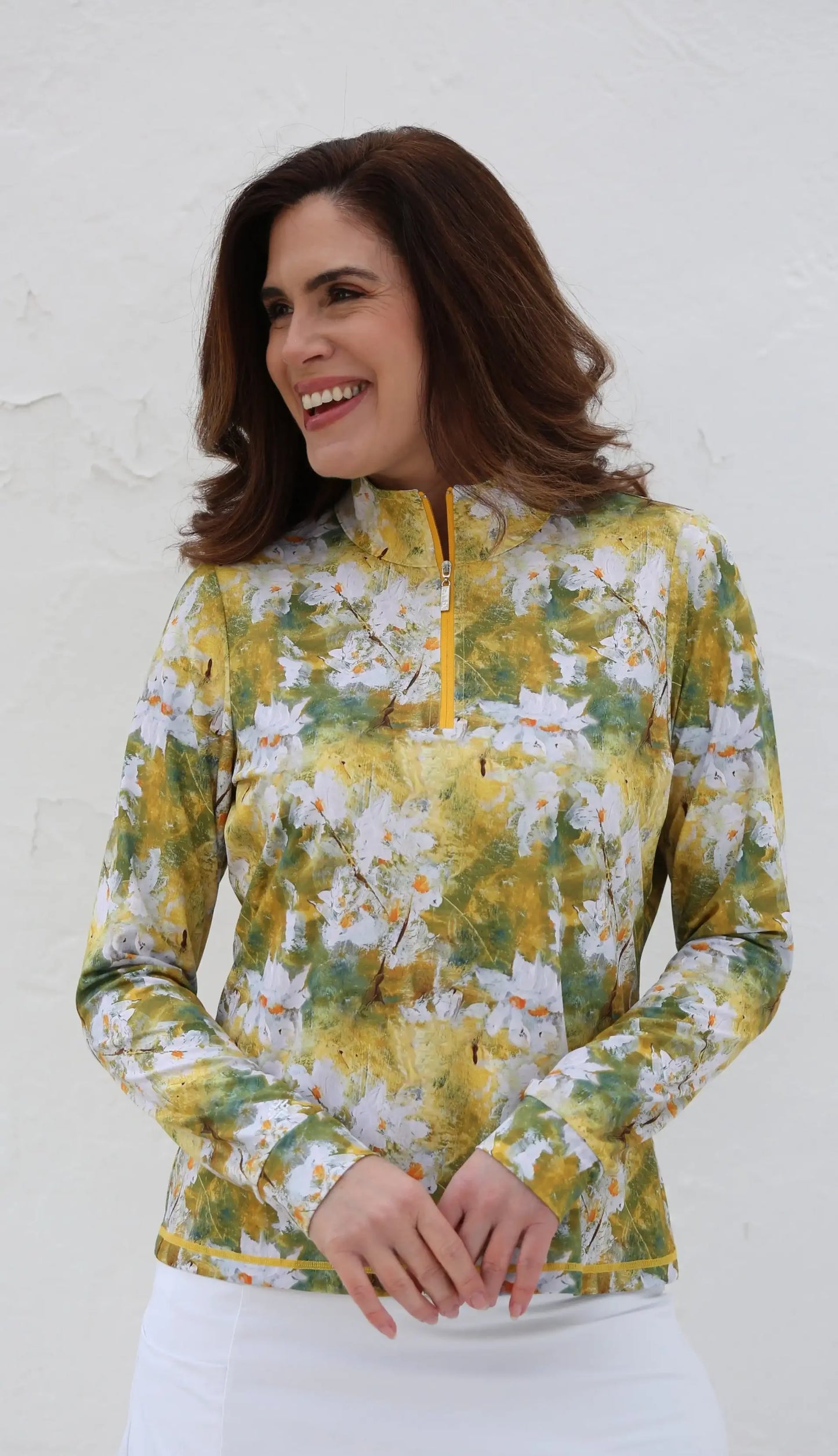 Long Sleeve Mock Collar Shirt - Daisies