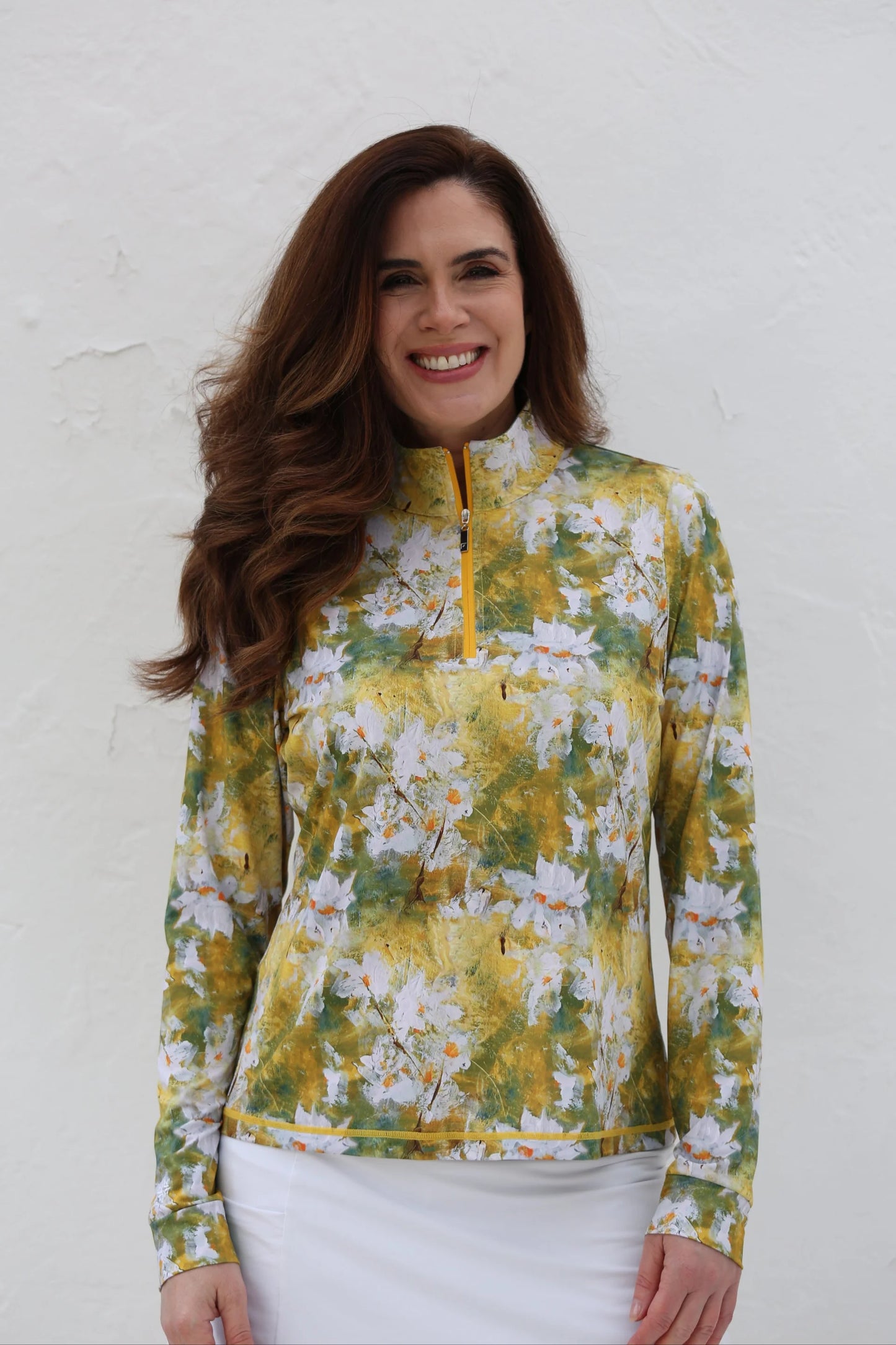 Long Sleeve Mock Collar Shirt - Daisies