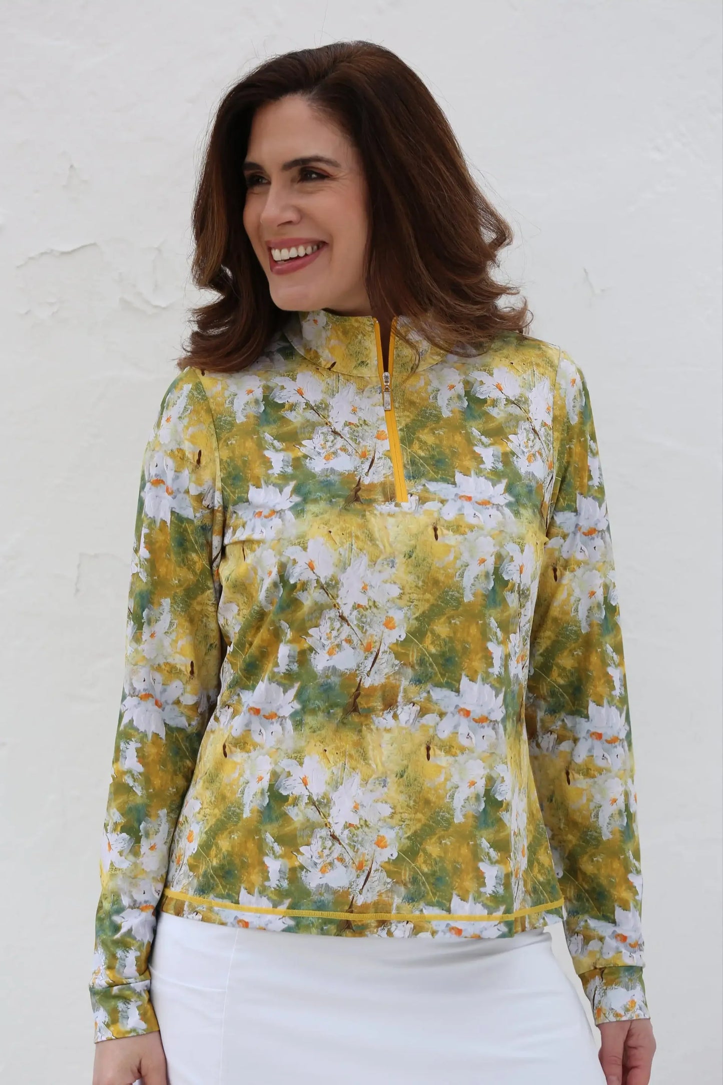Long Sleeve Mock Collar Shirt - Daisies